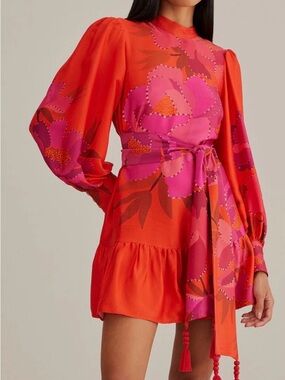 Farm Rio Floral Tie-Waist Mini Dress in Red and Pink Sz L